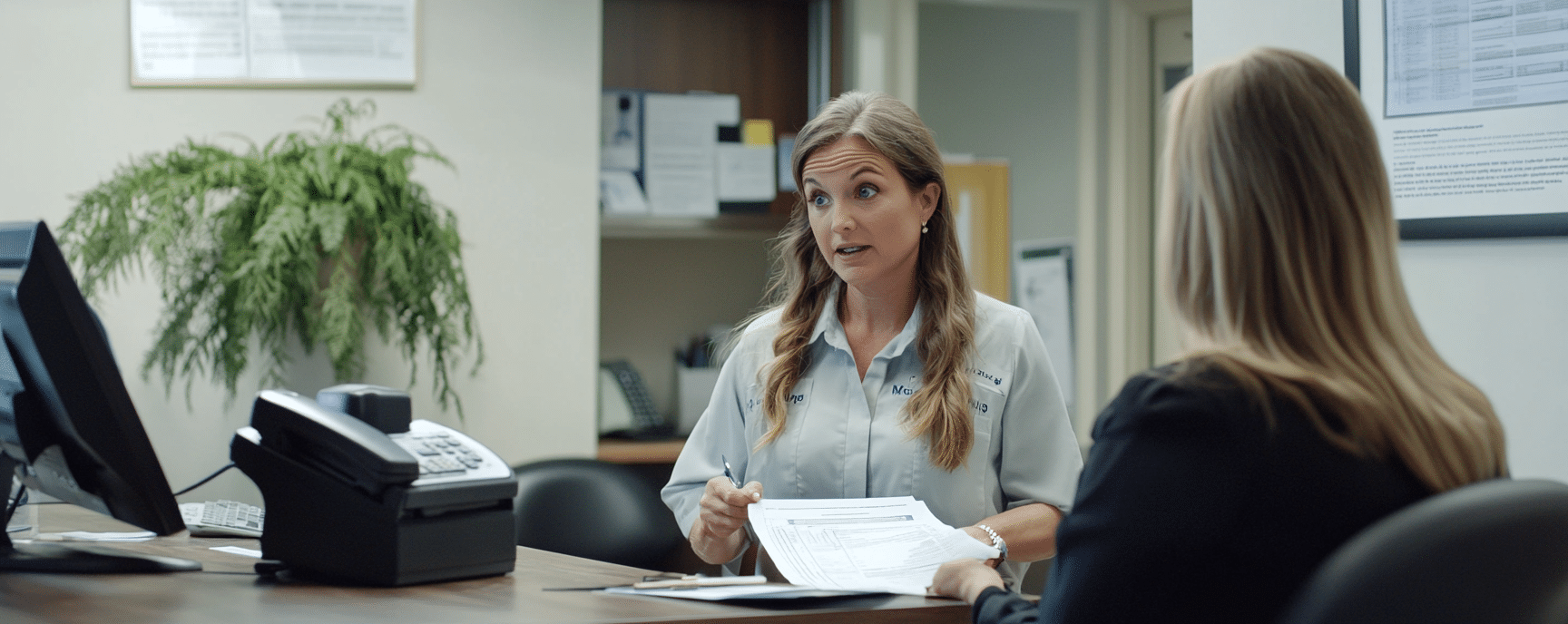 Woman sharing her medical records with the insurance adjuster