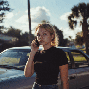 Woman talking on the phone after a car accident