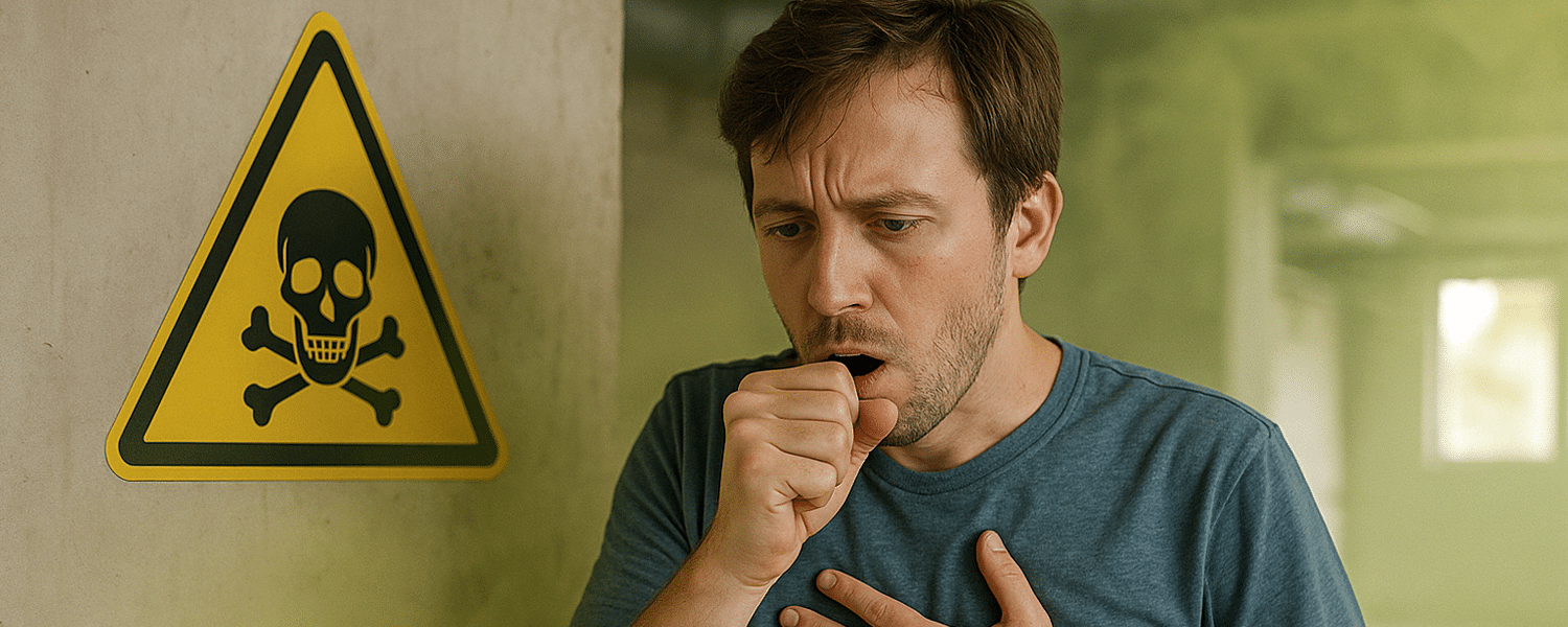 Man coughing due to exposure to toxic fumes