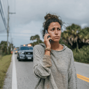 A woman calling law enforcement after a car accident