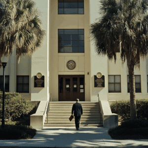 A lawyer walking up to the court