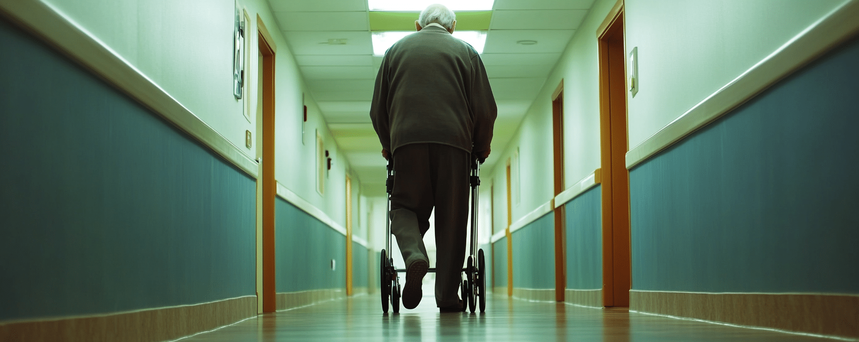 Neglected elderly man walking out of a nursing home 