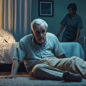 An old man after a fall from the bed in a nursing home