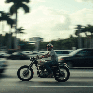 A motorcycle rider cruising in Miami, Florida
