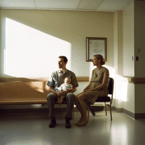 parents waiting for the medical practitioner outside his clinic