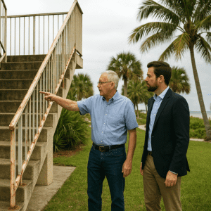 Tenant pointing at a poorly maintained outdoor stairwell
