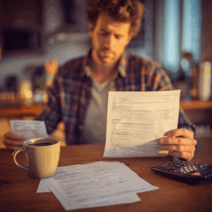 A worker stressed with rising medical bills and lost wages due to an accident