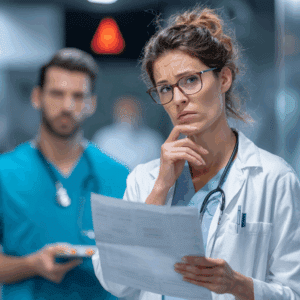 A concerned doctor reviewing a report