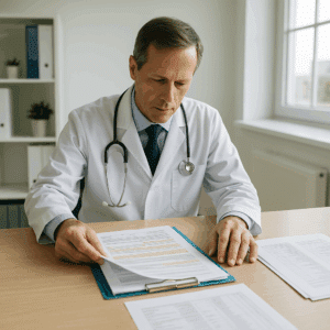 A doctor reviewing medical documents