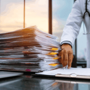 A doctor gathering medical records