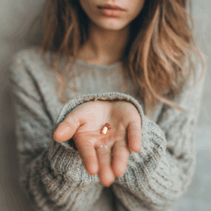 Woman showing her medication pills