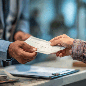 Patient collecting settlement check from the hospital