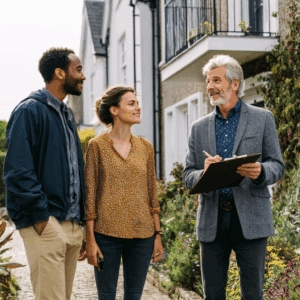 A legal professional helping a couple with real estate documents