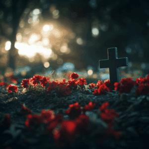 Sunlit grave with red flowers and cross