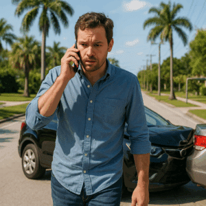 Worried man calling 911 after an accident